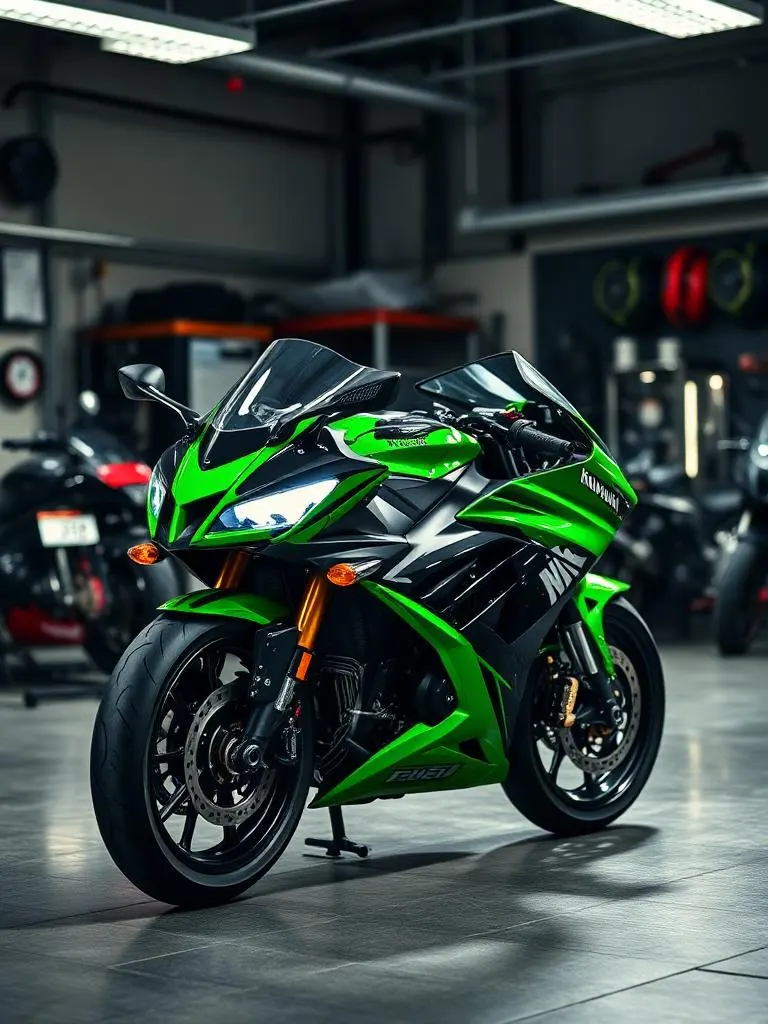 Kawasaki Ninja motorcycle at GMW Royal Enfield garage