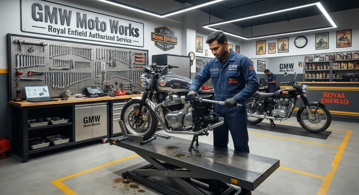 GMW Moto Works technician performing engine service on a Royal Enfield