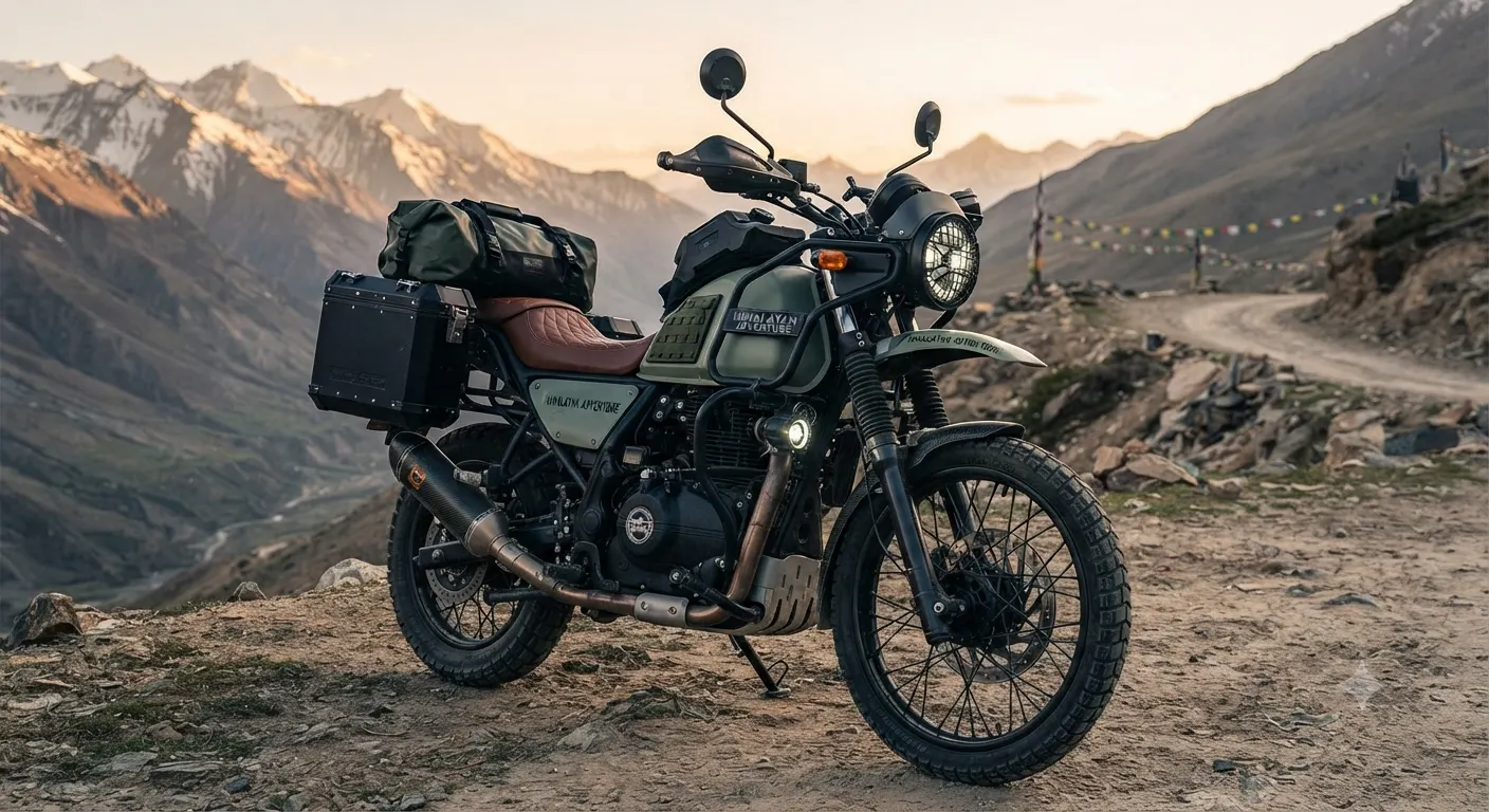 Royal Enfield Himalayan adventure-touring build with jerry can, panniers and luggage rack