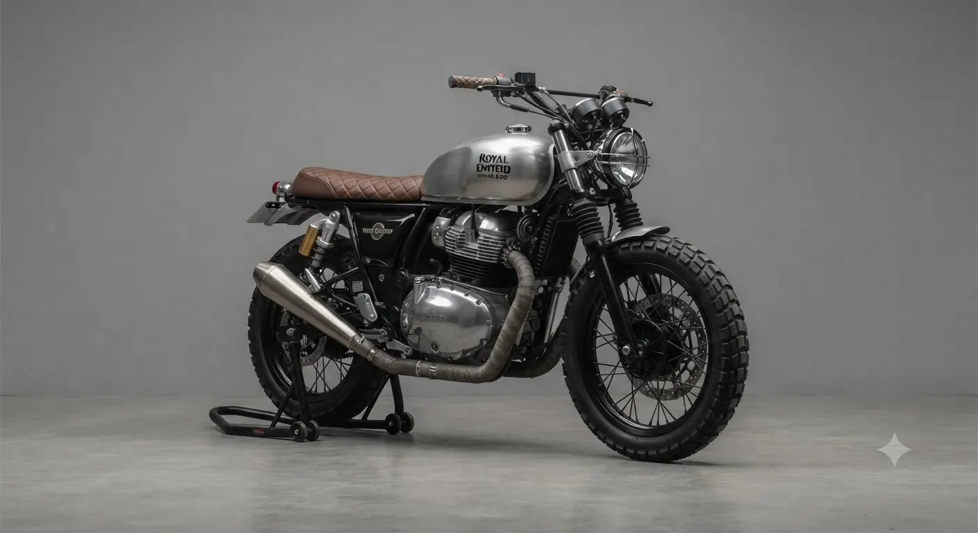 Royal Enfield scrambler-style custom build with upgraded exhaust and off-road tyres