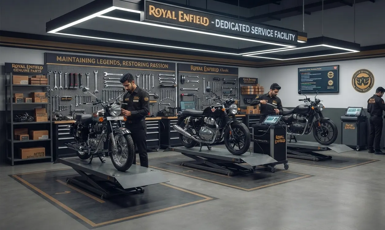 Royal Enfield dedicated service facility with multiple bays and technicians