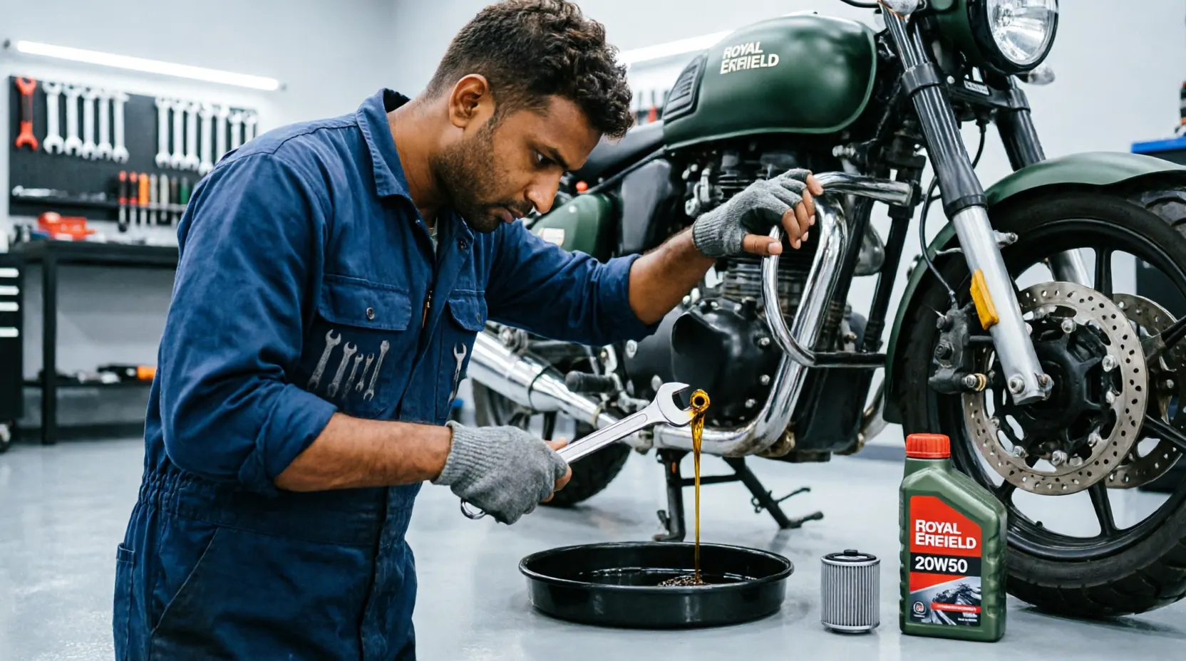 Technician performing an oil change on a Royal Enfield motorcycle