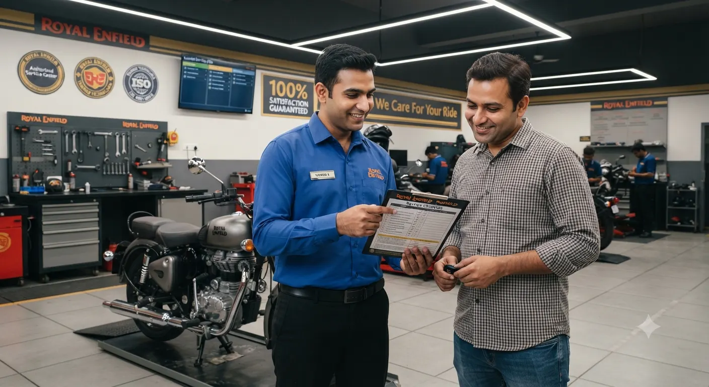 Royal Enfield technician reviewing a service checklist with a customer