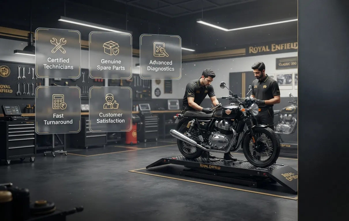 Royal Enfield technicians servicing a motorcycle with certified technicians, genuine spare parts, advanced diagnostics, fast turnaround, and customer satisfaction